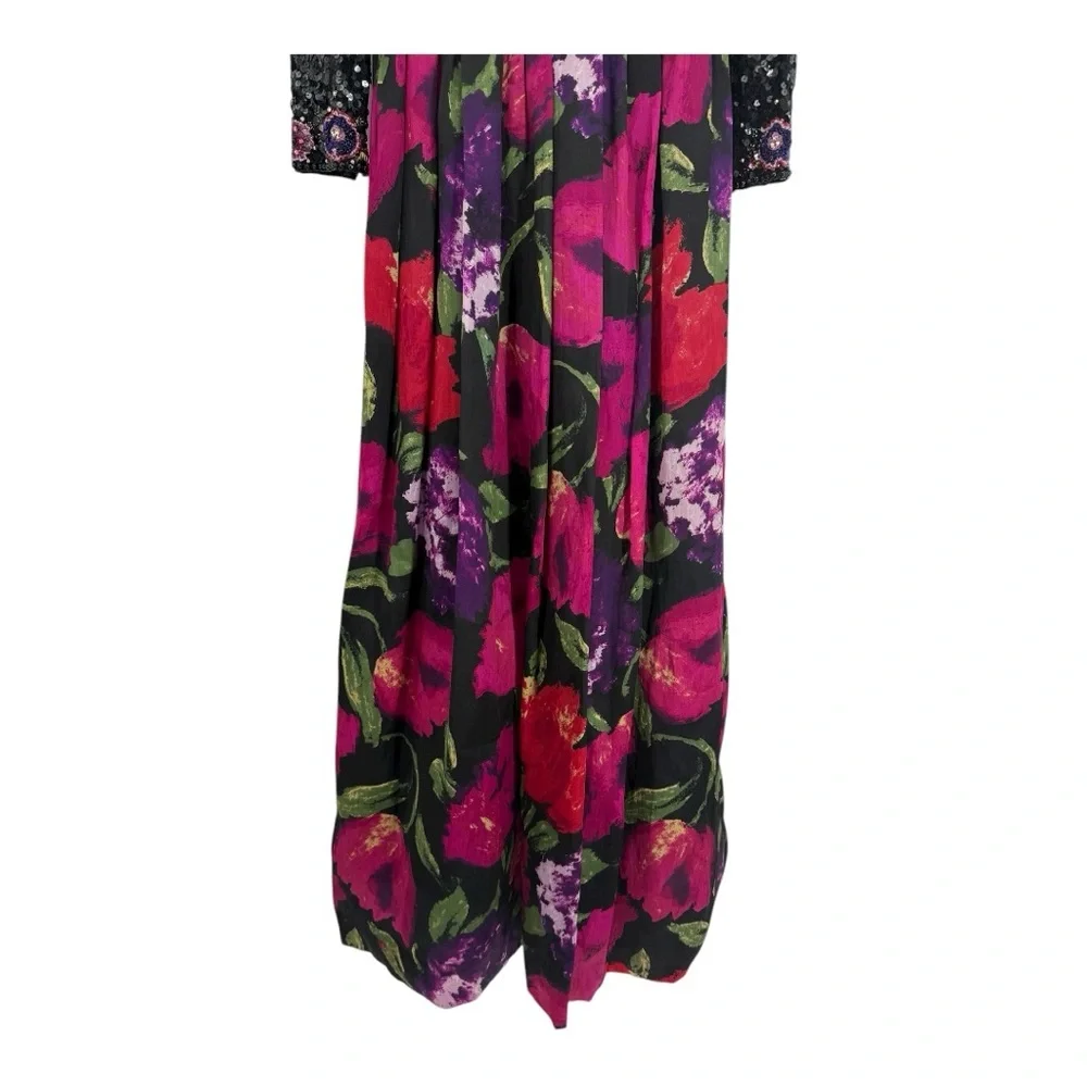 Victoria Royal Ltd Beaded Sequin Silk Gown Black Floral Maxi Dress 6/8 Vintage - Picture 11 of 16